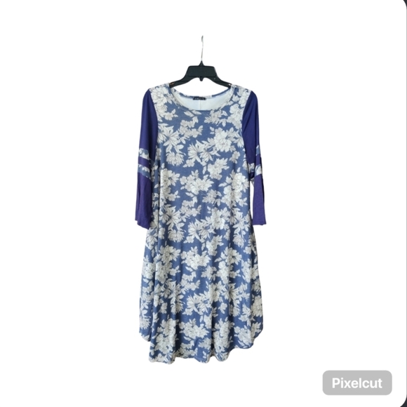 Floral Blue and Purple Women's Dress - Picture 1 of 7